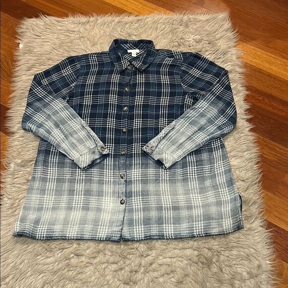 J Jill blue and white plaid cotton ombre long sleeverve button front shirt - Picture 1 of 4